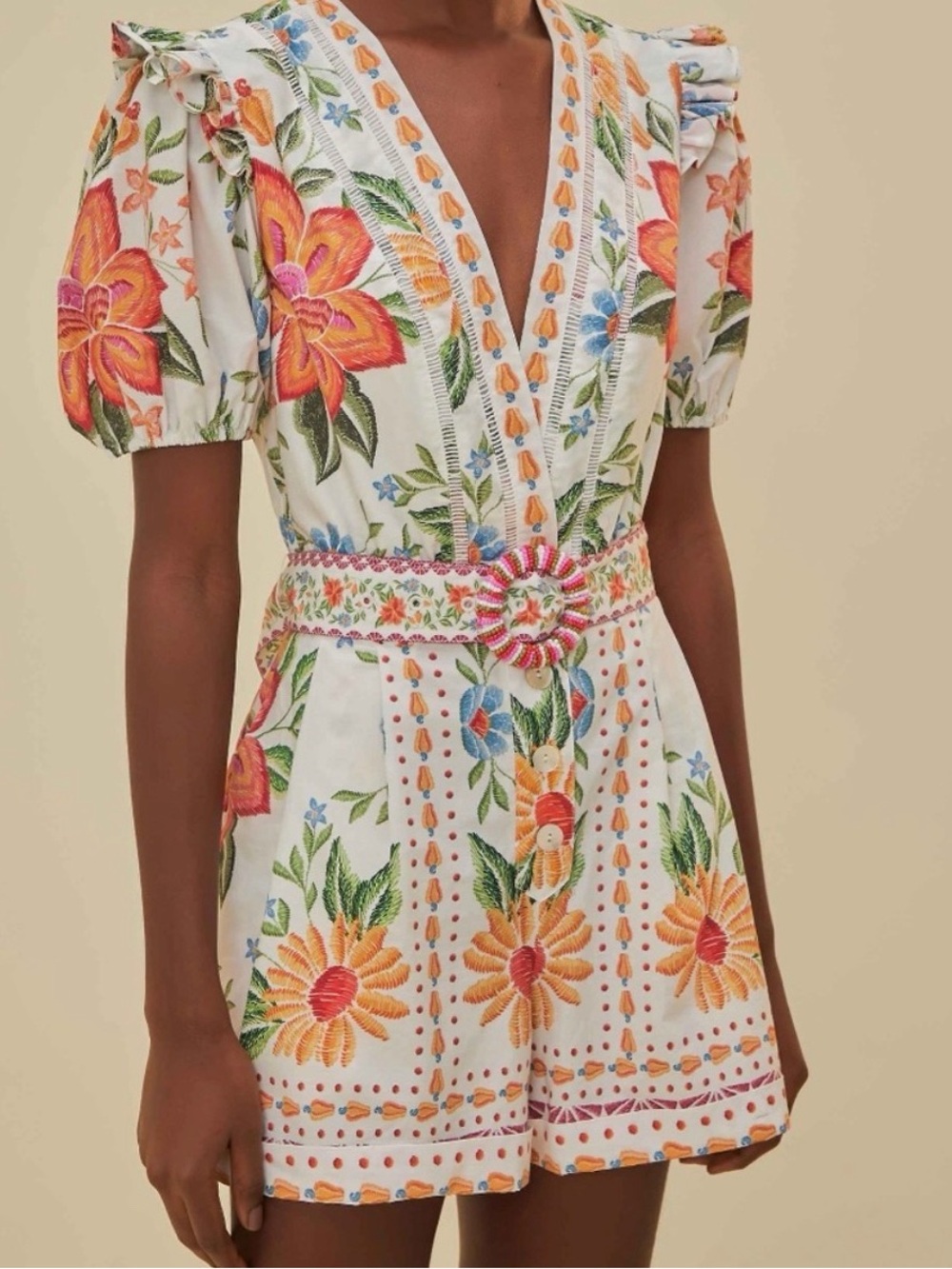 FARM Rio White Floral Embroidered Romper with Orange & Pink Accents
